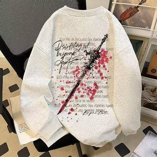 重磅美式 宽松街头潮牌外套 vintage樱花剑印花圆领卫衣男女秋冬款