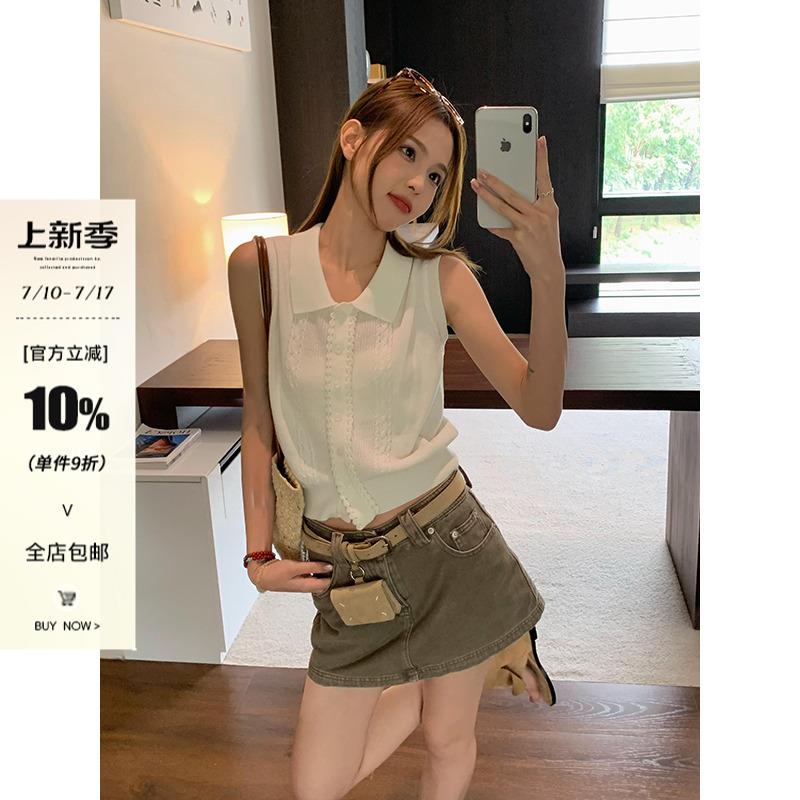 宋正恩polo领针织背心女夏季2025新款修身显瘦工字吊带短款小上衣