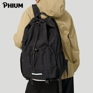PHIUM® 高级感抽绳双肩包女大容量黑色书包束口登山运动包男背包