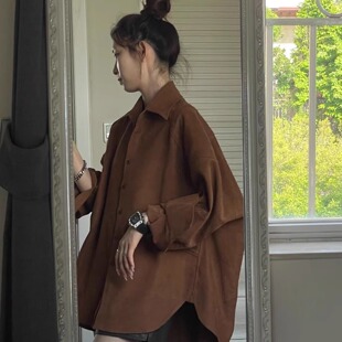 复古长袖衬衫女秋冬高级设计感小众宽松慵懒风中长款韩系上衣外套