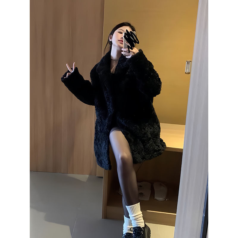 黑色仿貂毛翻领羊羔毛环保皮草外套女2025秋冬加厚高级感毛毛上衣