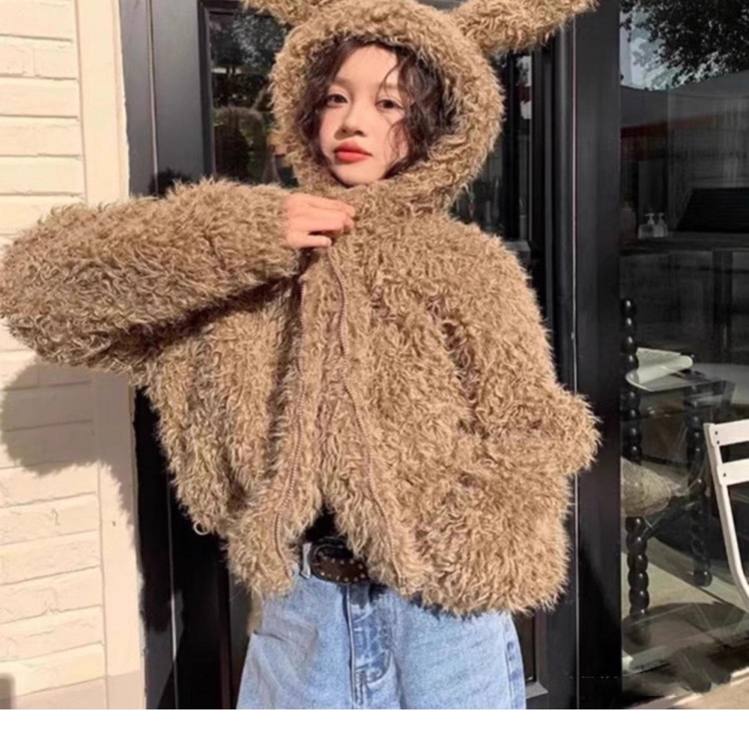 可爱兔耳仿皮草短款连帽毛绒外套女冬季宽松加厚慵懒风羊羔毛上衣,女装/女士精品,皮草,淘宝优惠券,粉丝福利购,淘宝优惠卷