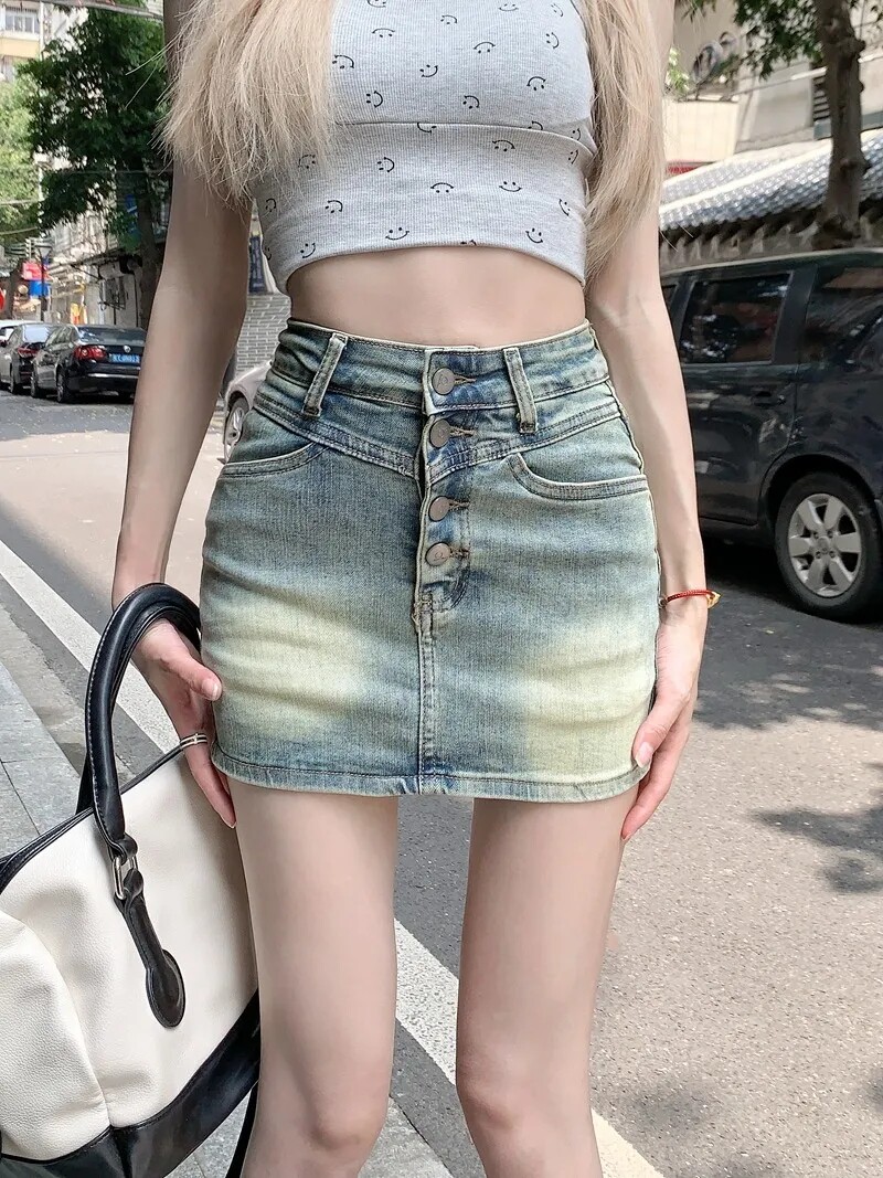 夏季高腰美式牛仔包臀半身裙女