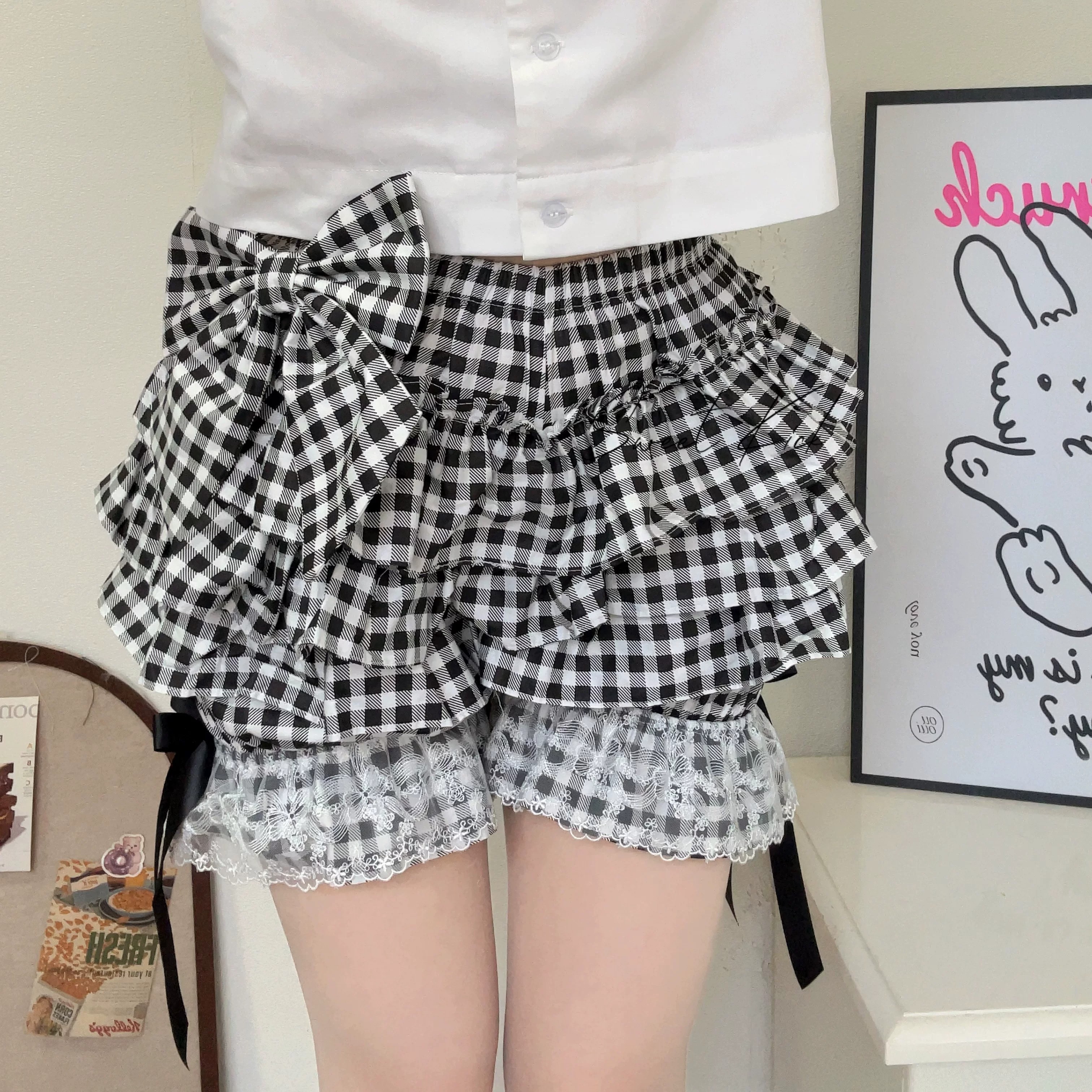 Lolita南瓜裤多层蓬蓬裙撑防走光打底裤蝴蝶结少女短裤格子裙裤图片