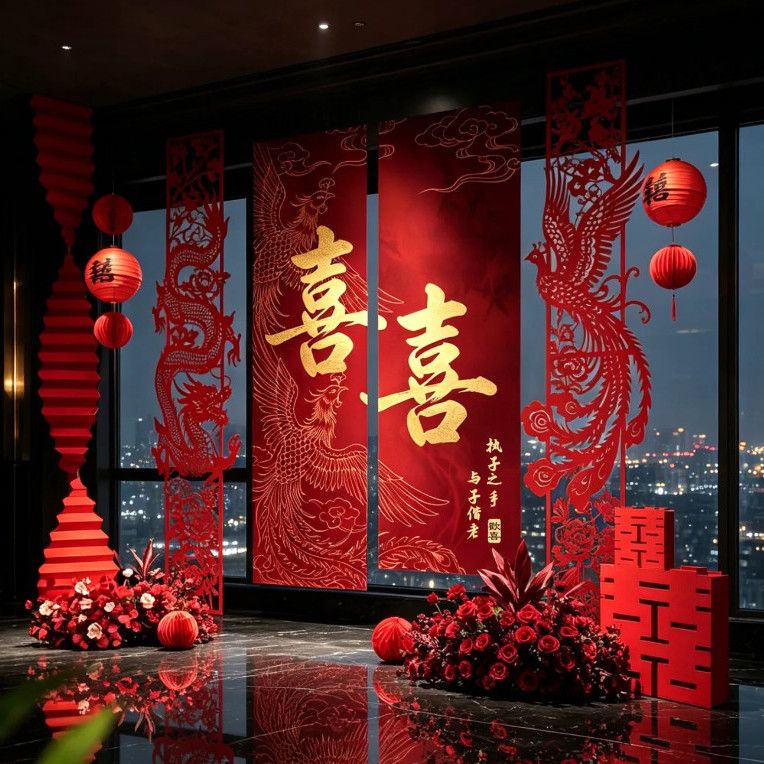 结婚晨袍拍照订婚背景墙布置婚房装饰男女方喜字挂布婚房装饰布置图片