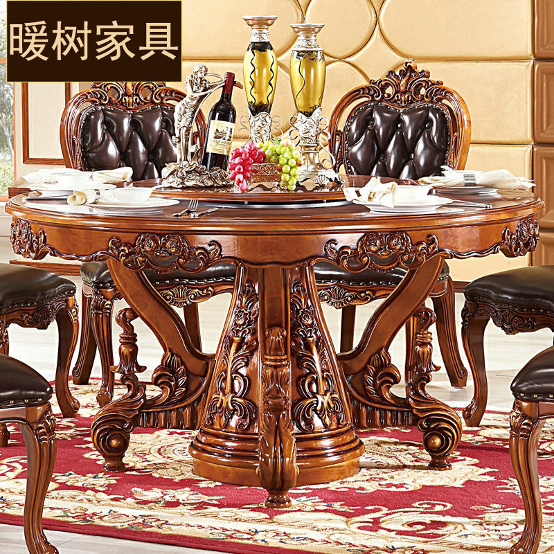 欧式圆桌餐桌 实木美式木面深色带转盘饭桌大理石圆桌大理石餐桌