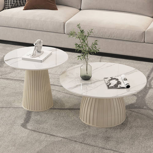 奶油风岩板圆形客厅茶几