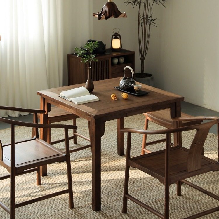新中式全实木小方桌黑胡桃木原木茶桌茶台简约八仙桌饭桌子餐桌椅