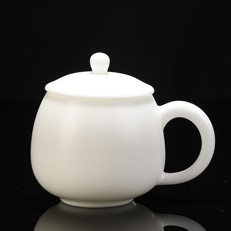 羊脂玉冰种白瓷茶杯带盖办公水杯马克杯泡茶杯会议杯个人杯茶具