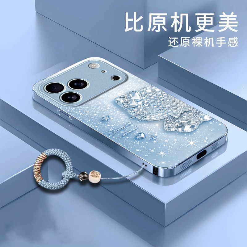 钻石猫咪适用苹果17promax手机壳iPhone16/15pro新款14女13mini全包xsmax防摔xr12pro硬壳11玻璃ip6s/7/8plus