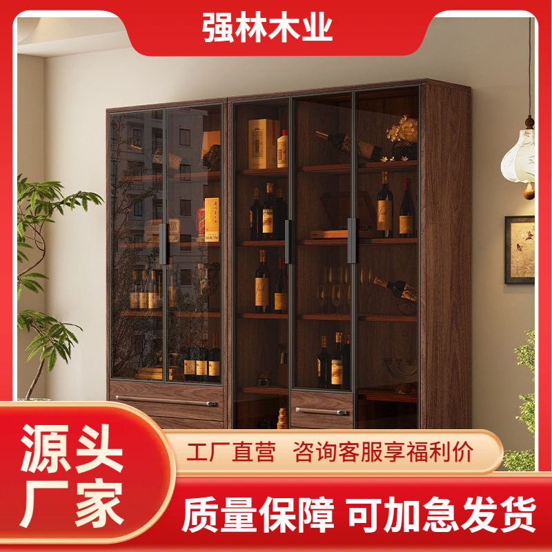 黑胡桃木实木玻璃门书柜客厅靠墙展示柜带灯储物组合柜小户型酒柜