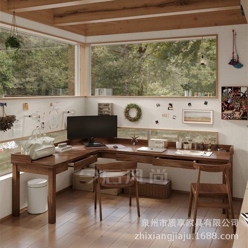 北欧全实木转角书桌双人电脑桌书房拐角长条七字型办公工作台异形