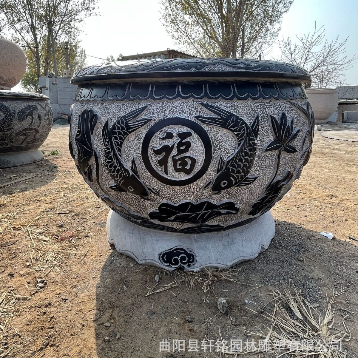 青石雕刻仿古鱼缸别墅庭院福字荷花莲花门海花盆园林石缸摆件厂家