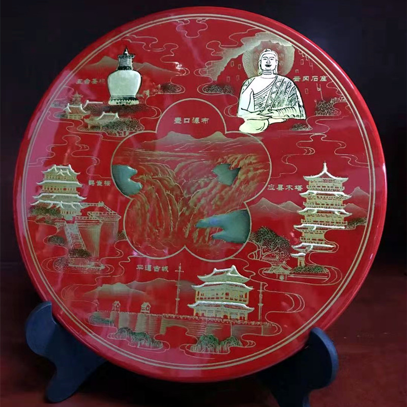 手工彩绘漆器工艺品摆件木质描金彩绘漆画圆盘山西风光装饰品漆盘
