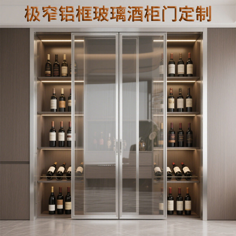 极简平开四联酒柜门轻奢餐边柜三联推拉门酒柜超薄铝框钢化茶玻