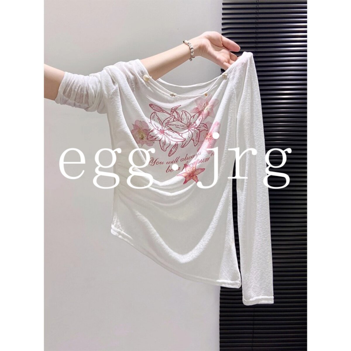 韩国EGG JRG斜领设计感印花长袖防晒衣夏季新款修身显瘦休闲上衣