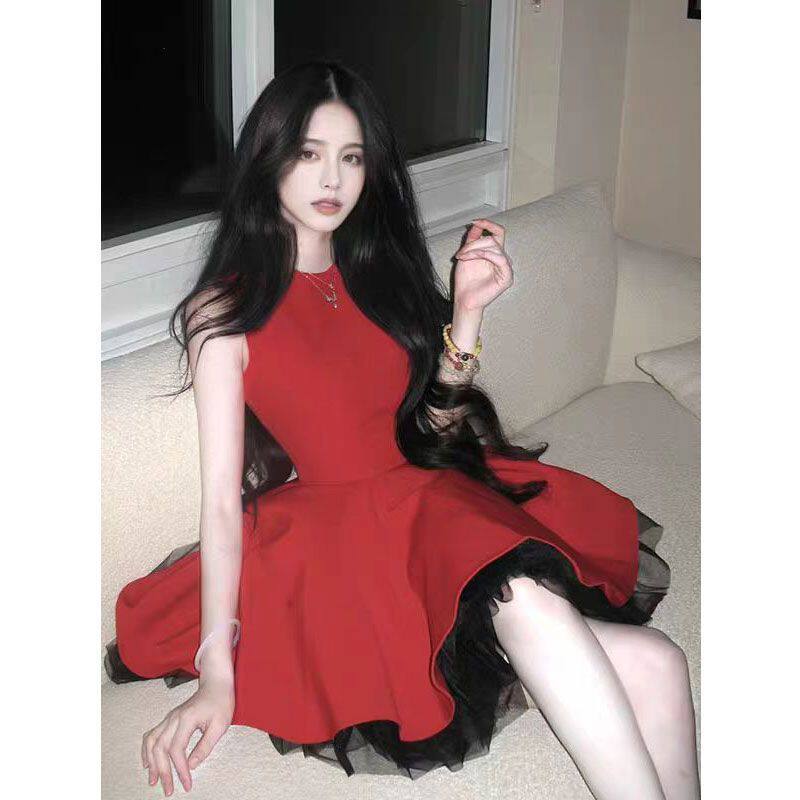 小众浪漫系红色圆领网纱
