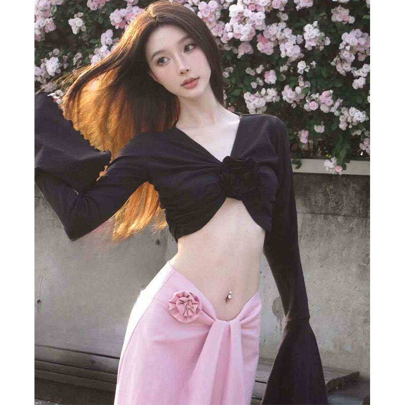 短款收腰立体玫瑰弹力喇