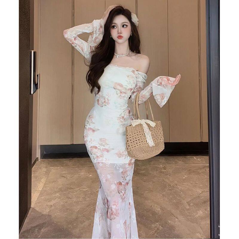 【圈圈】法式复古花卉一字肩显瘦女连衣裙