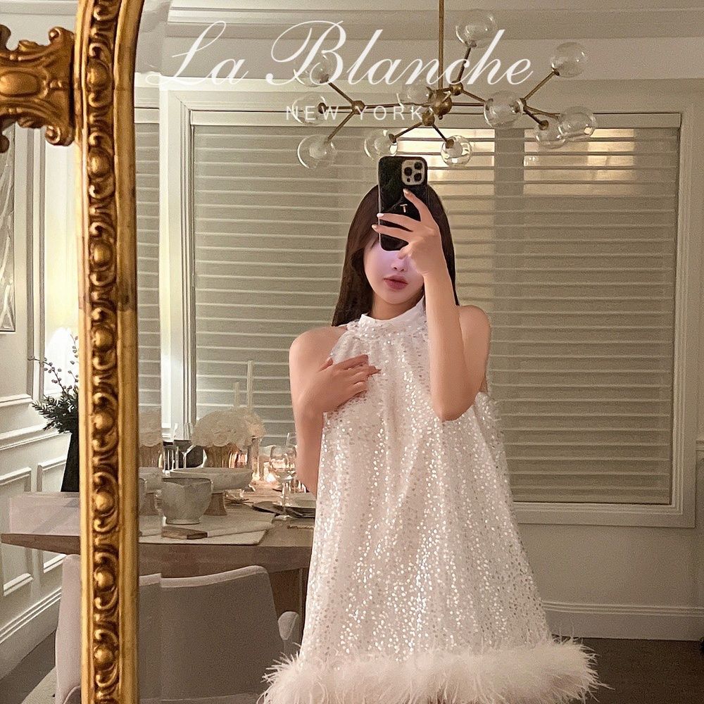 爆款重工仿鸵鸟毛白色亮片Party气质连衣裙重工设计闪闪羽毛短裙