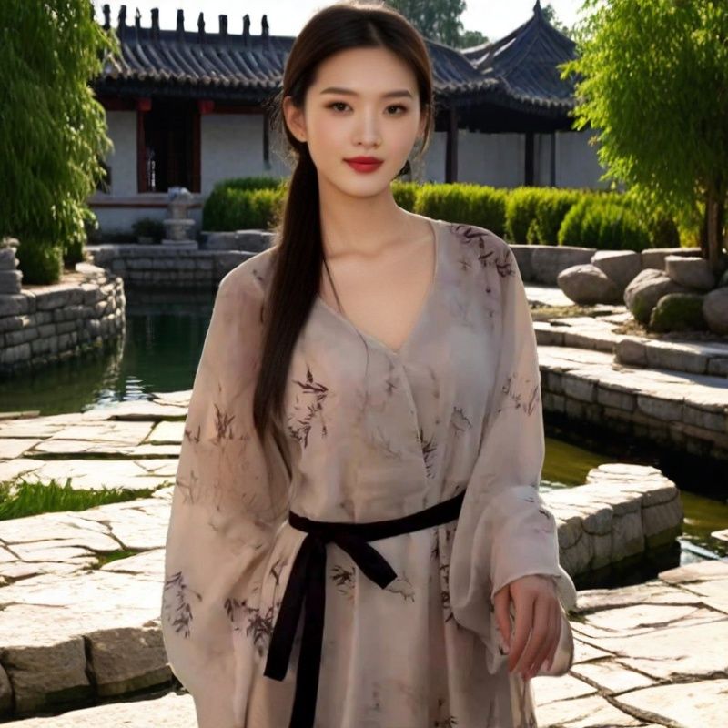 白色印花绑带连衣裙女名
