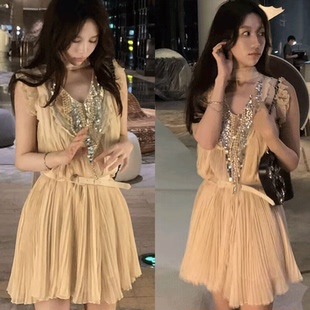 古早言情女主 重工手工钉珠打揽褶皱无袖连衣裙背心裙