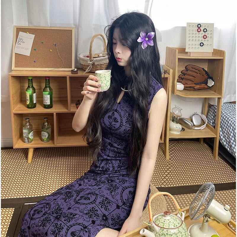 紫花镜紫色中式旗袍裙绢