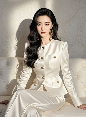入秋穿搭一整套高级感小香风盐系轻熟职业白色西装外套裤子套装女