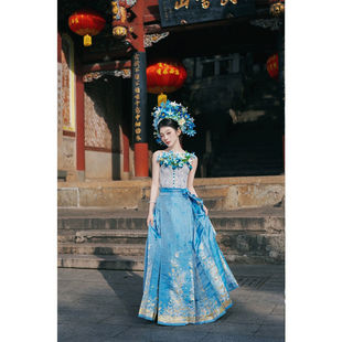 新中式女装国风小个子蓝色马面裙上衣混搭套装汉服2025夏季新款