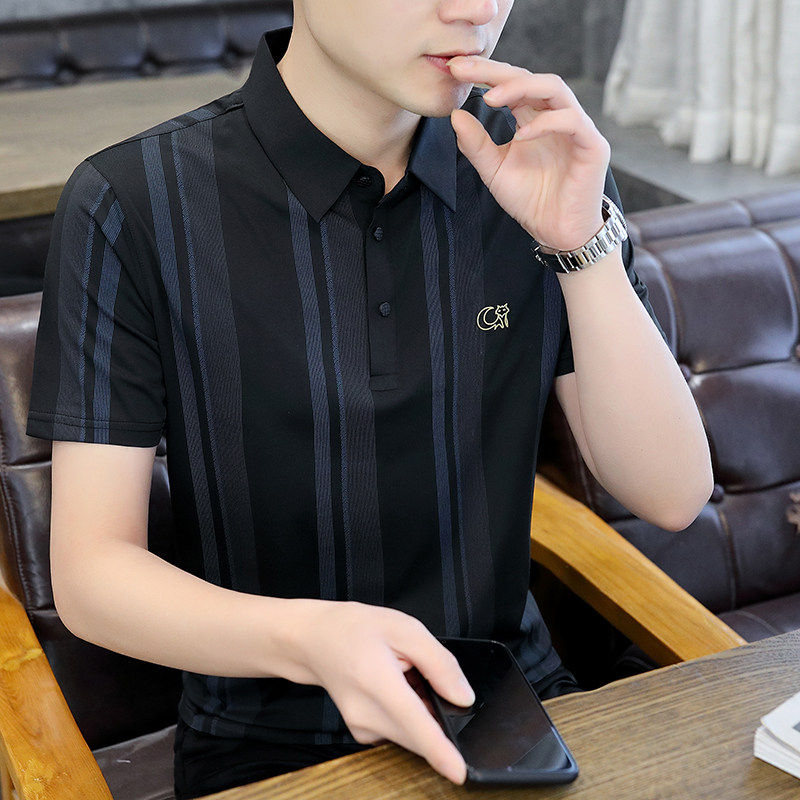 开乐服饰海家高端polo衫男短袖夏季条纹半袖t恤男商务风翻领衬衫