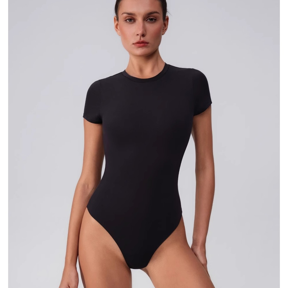 sk*ims同款圆领短袖连体衣女性感紧身三角开档瑜伽服高弹性上衣