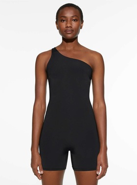 LU同款不对称斜肩吊带运动连体瑜伽服黑色紧身显瘦连体健身服女