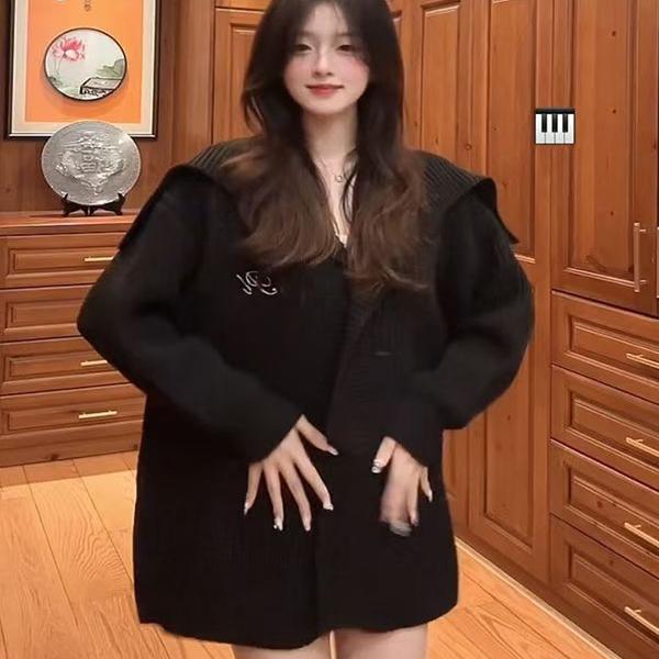 美式慵懒风大翻领开衫毛衣女秋冬季宽松中长款外穿长袖针织衫外套