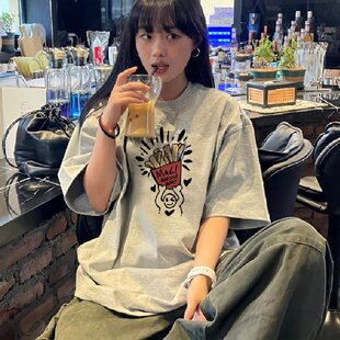 重磅精梳纯棉230克新款 T恤女 bm港味宽松百搭上衣chic卡通印花短袖