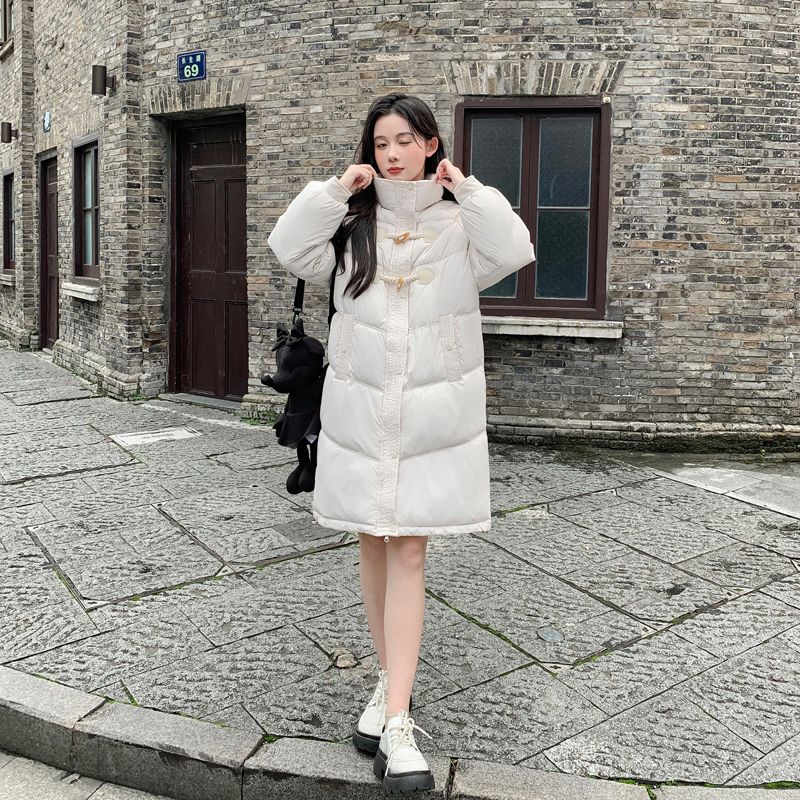 实拍韩版羽绒服女短款中长款2025年闺蜜装牛角扣棉服外套