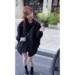 2025秋冬新款韩版时尚宽松方块格纹慵懒风显瘦轻薄款中长款棉衣女