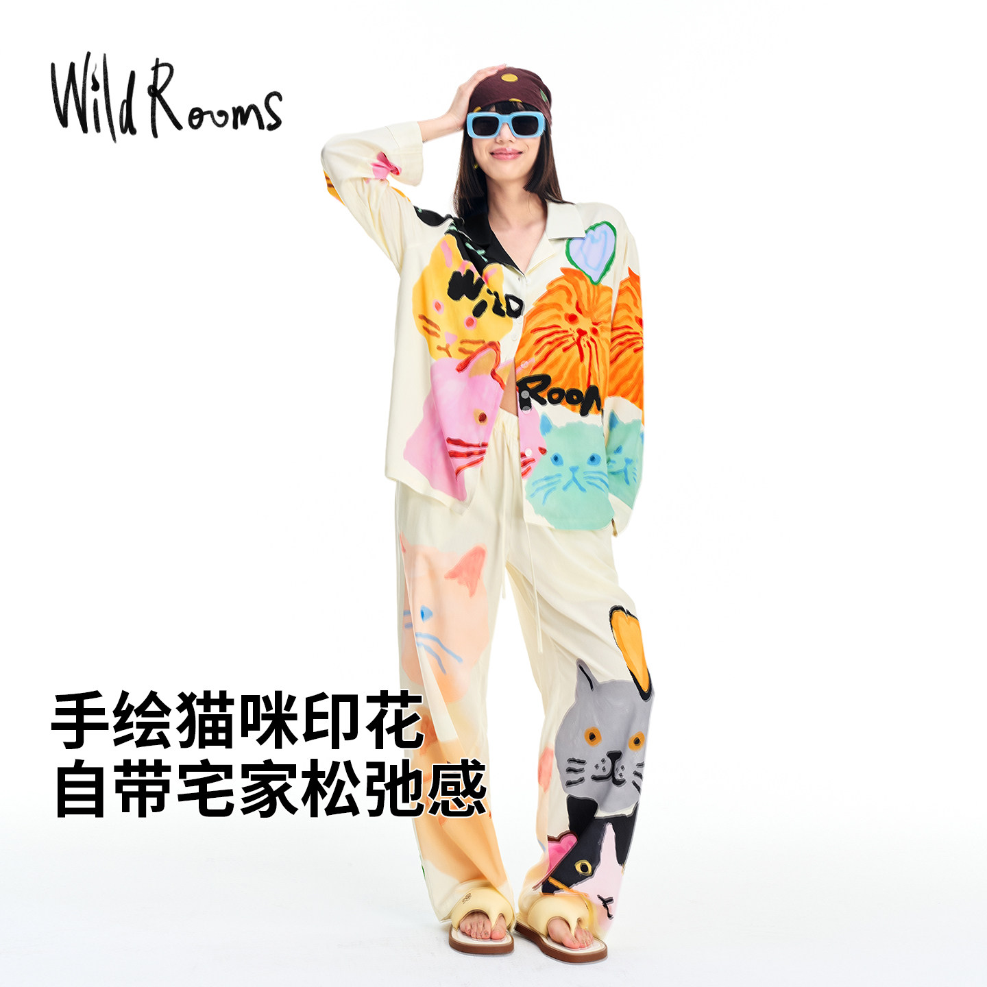 WildRooms睡衣女款家居服套装猫咪印花莱赛尔宽松透气夏季可外穿