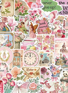 50张Retro Pink collage doodles复古贴纸ins风少女心手账水杯行李箱装饰贴画
