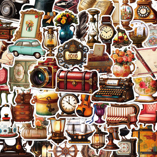50张复古欧美老物件贴纸年代老式行李箱贴画吉他笔记本电脑手机壳ipad水杯防水