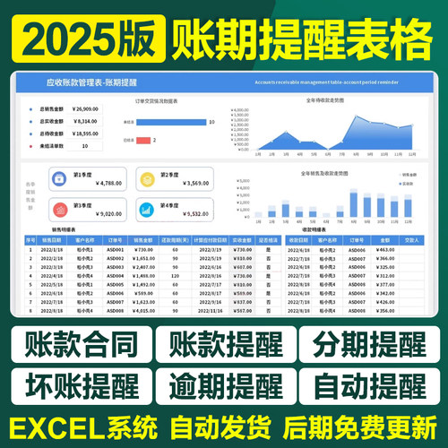 2025合同收付款账期到期提醒excel表格系统分期收款应收应付超期