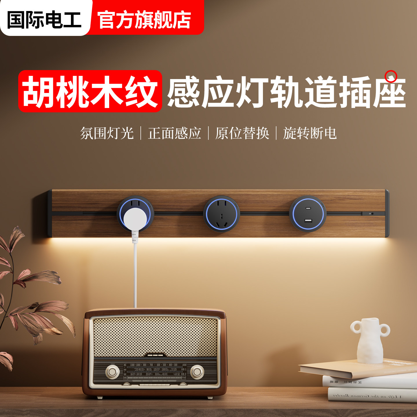 复古黑胡桃木纹色轨道插座