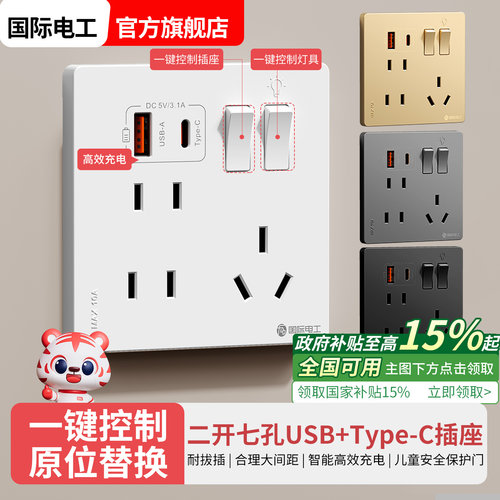 国际电工二开七孔USB充电插座