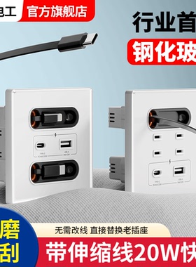 国际电工家用86型Type-c带伸缩充电数据线苹果带快充USB插座面板