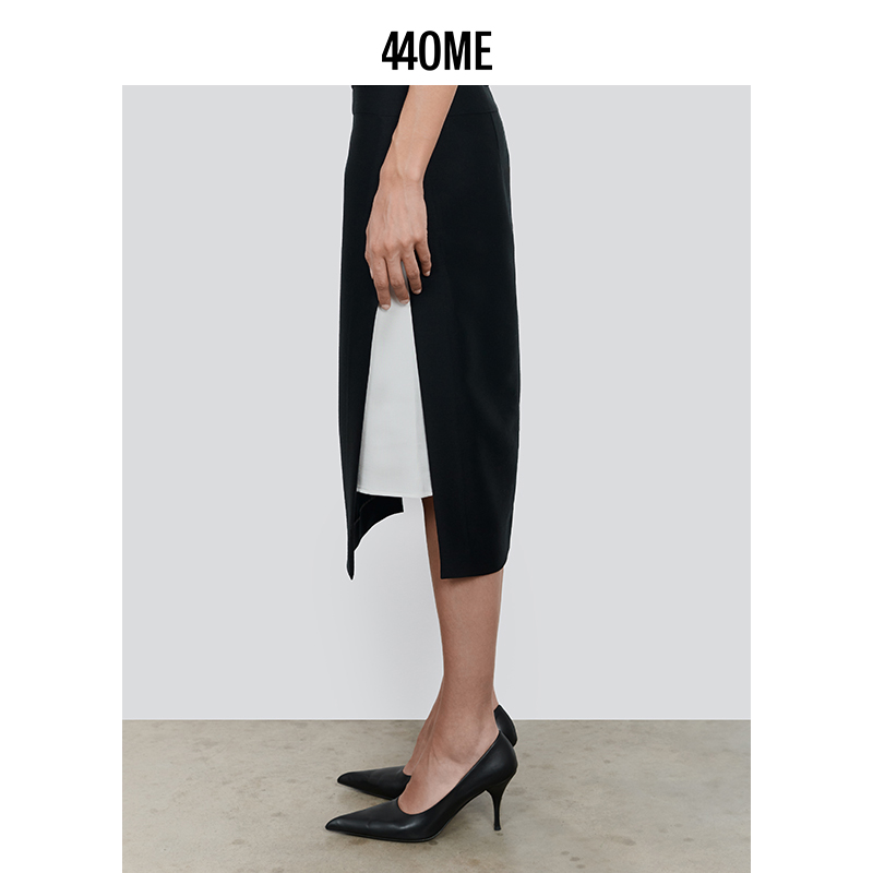 440ME女装 25秋季新品羊毛桑蚕丝撞色双层侧开衩半身裙FDFW1003W