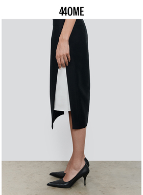 440ME女装 新品羊毛桑蚕丝撞色双层侧开衩中长款半身裙FDFW1003W