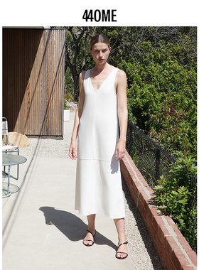 440ME女装 新品优雅V领及踝露背醋酸白色无袖长款连衣裙FDSS0249W