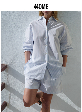 440ME女装新品全棉慵懒蓝白条纹宽松落肩款长袖休闲衬衫FDSS0218W