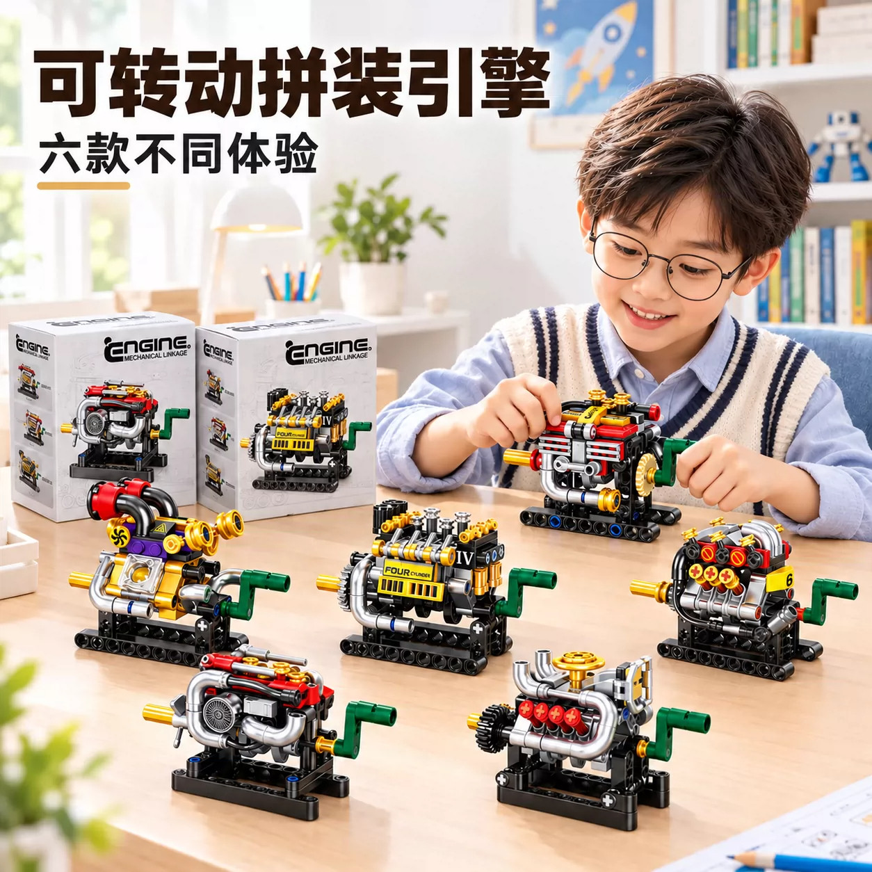 迷你V8八缸发动机积木引擎结构手摇可动益智拼装模型玩具男孩摆件