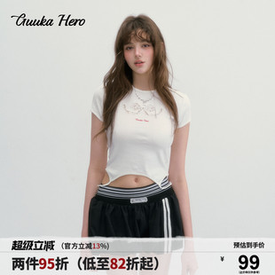 GUUKAHERO信封领蕾丝蝴蝶结镂空短袖 上衣 T恤女夏甜美修身 韩系短款