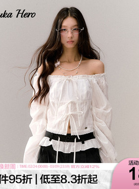 GUUKAHERO白色一字领短款长袖衬衫女 蝴蝶结花边甜美衬衣修身上衣